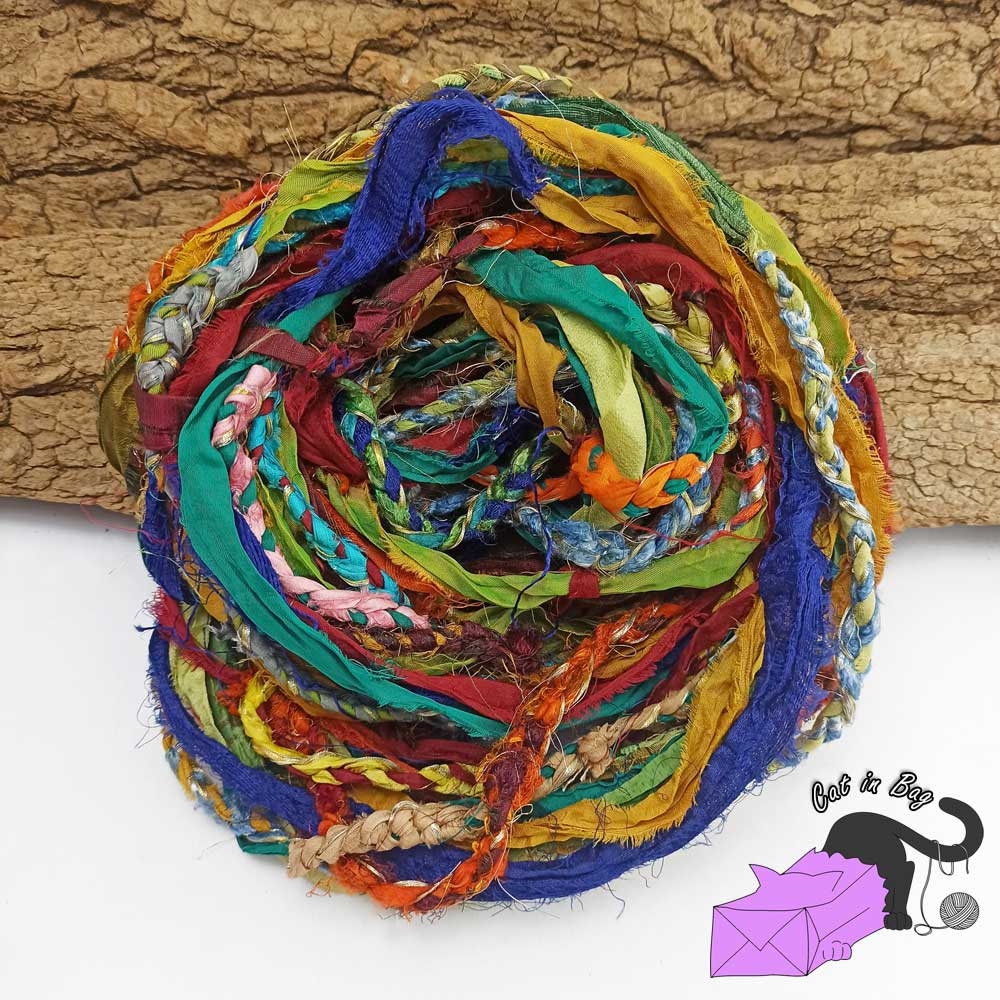 Mix of sari silk ribbon braided and simple - macrame, weaving, crocheting,  knitting