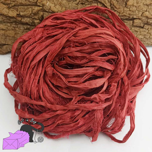 Indian red, recycled sari silk ribbons