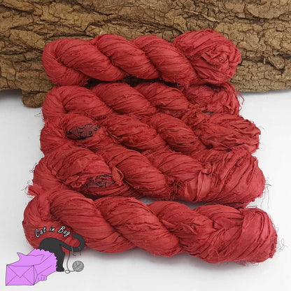 Indian red, recycled sari silk ribbons