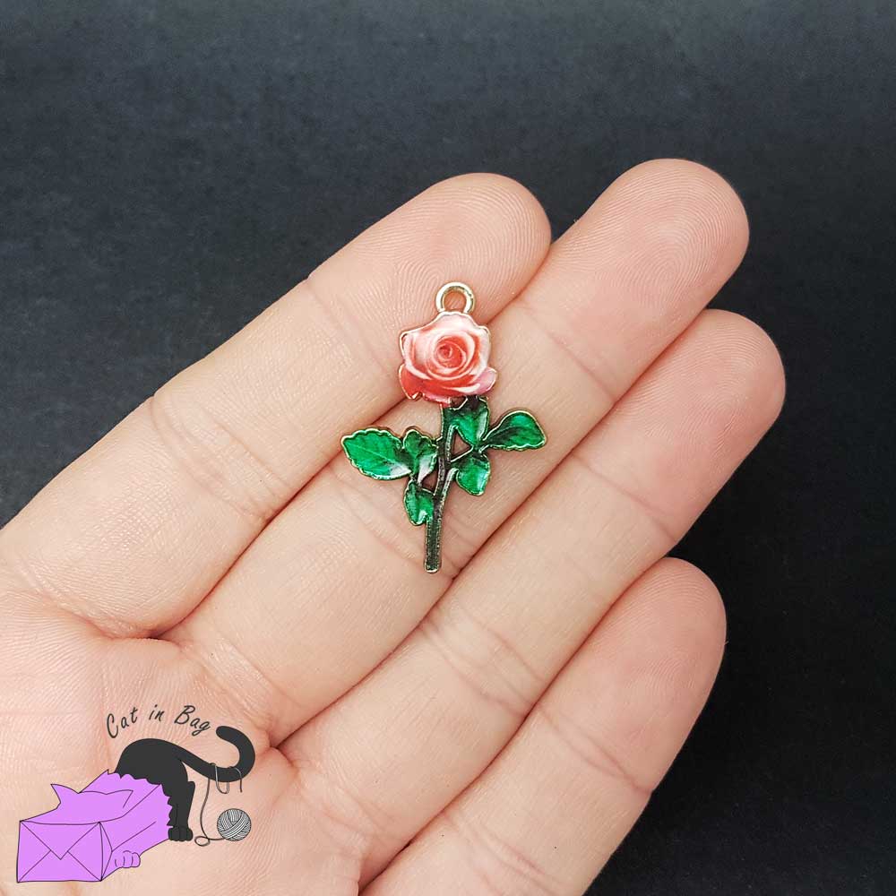 2 charms with enamel red rose