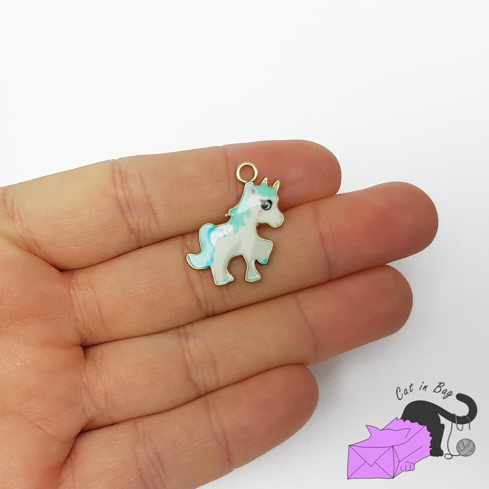 5 unicorns, enamel charms, light blue