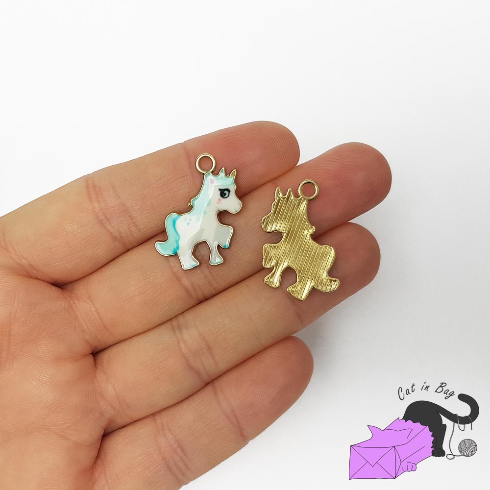 5 unicorns, enamel charms, light blue