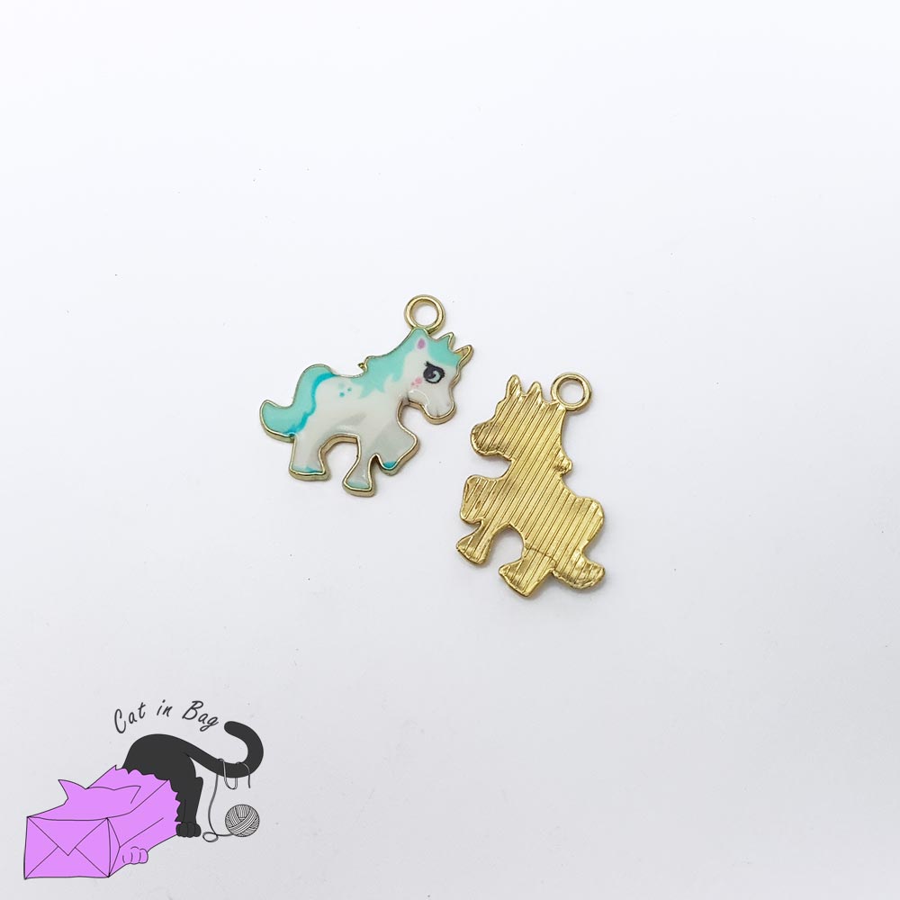 5 unicorns, enamel charms, light blue