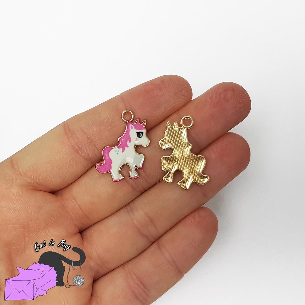 5 unicorns, enamel charms, dark pink