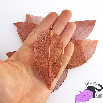 Pendants with real leaves electroplated with brass, antique red copper tone