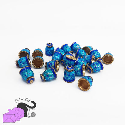 2 brass blu enamel bead caps