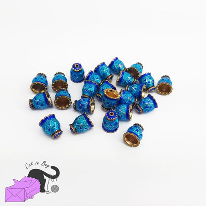 2 brass blu enamel bead caps