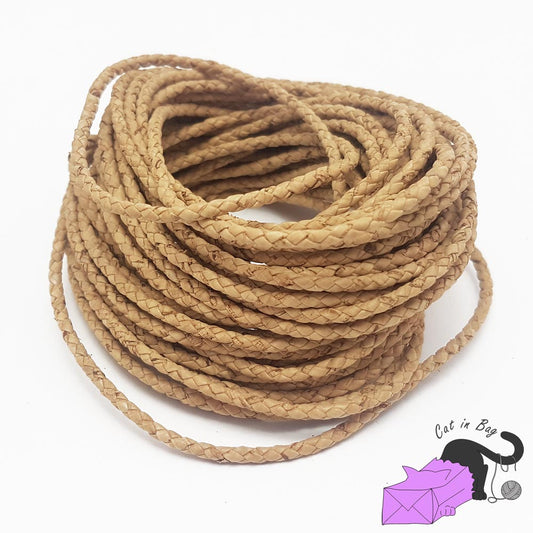 1 m of braided cork cord, natural color, 2,5-3 mm