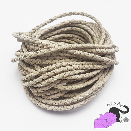 1 m of braided cork cord, antique white, 3-4 mm