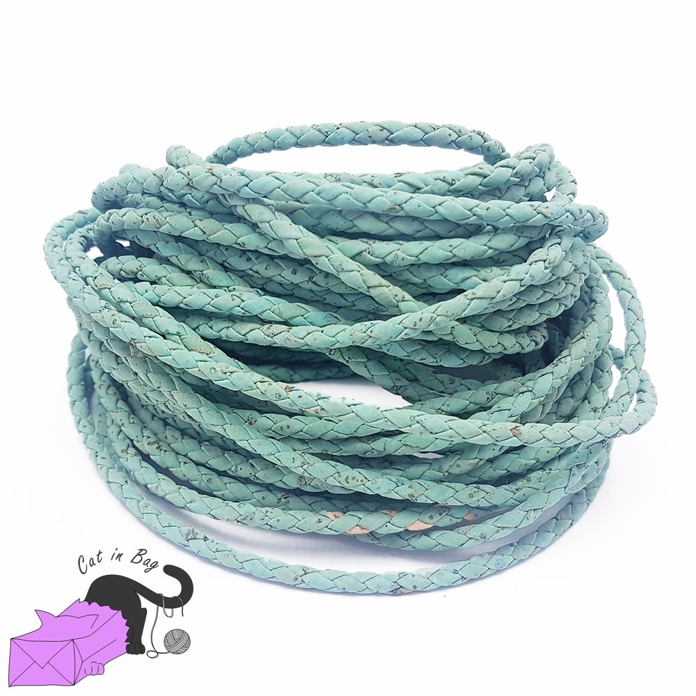 1 m of braided cork cord, sky blue, 3-4 mm