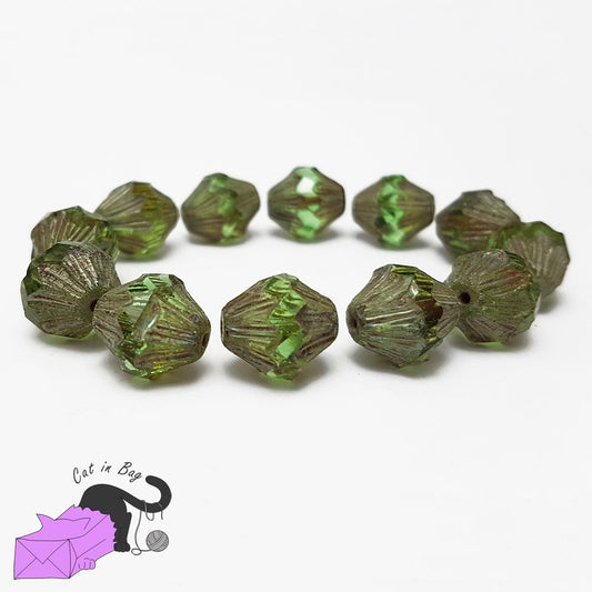 4 bicone green Czech glass beads 13x11 mm