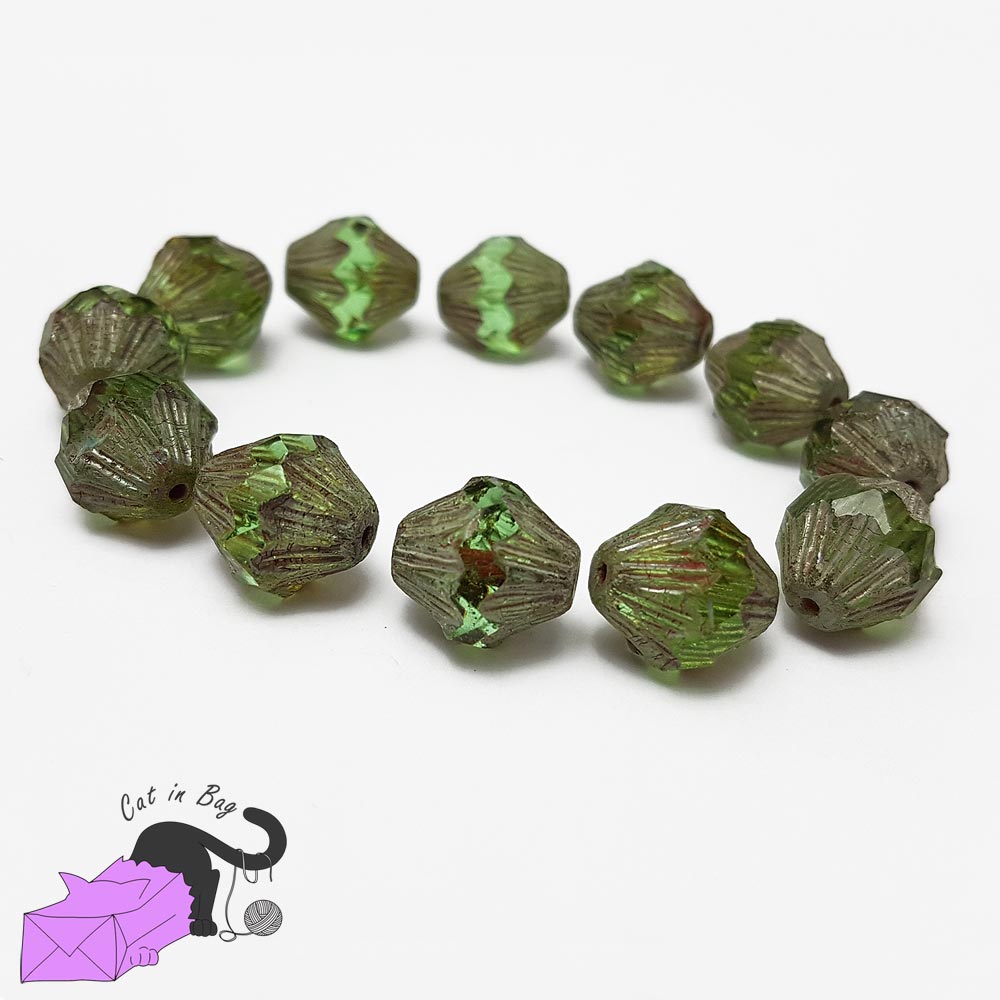 4 perle bicono in cristallo di Boemia verde 13x11 mm