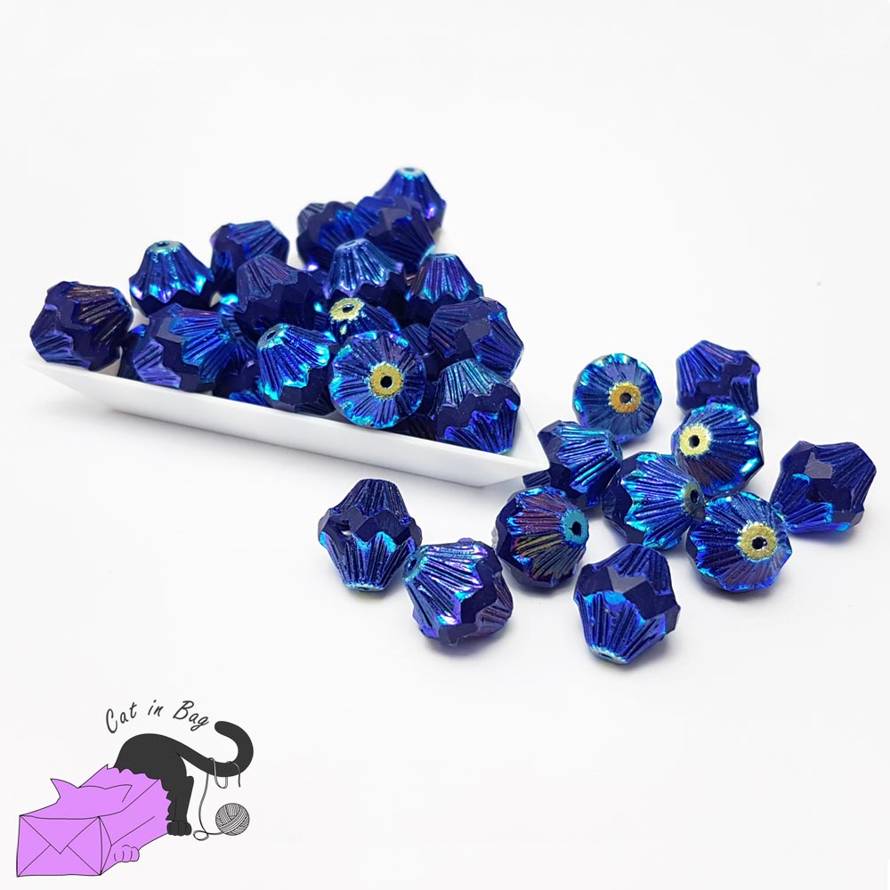 4 bicone dichroic blue Czech glass beads 13x11 mm