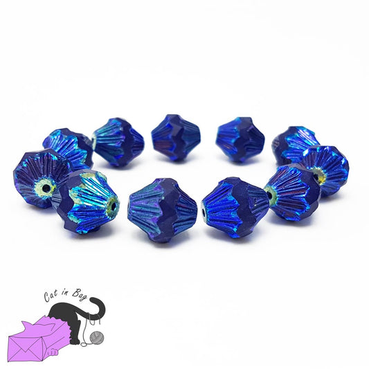 4 bicone dichroic blue Czech glass beads 13x11 mm