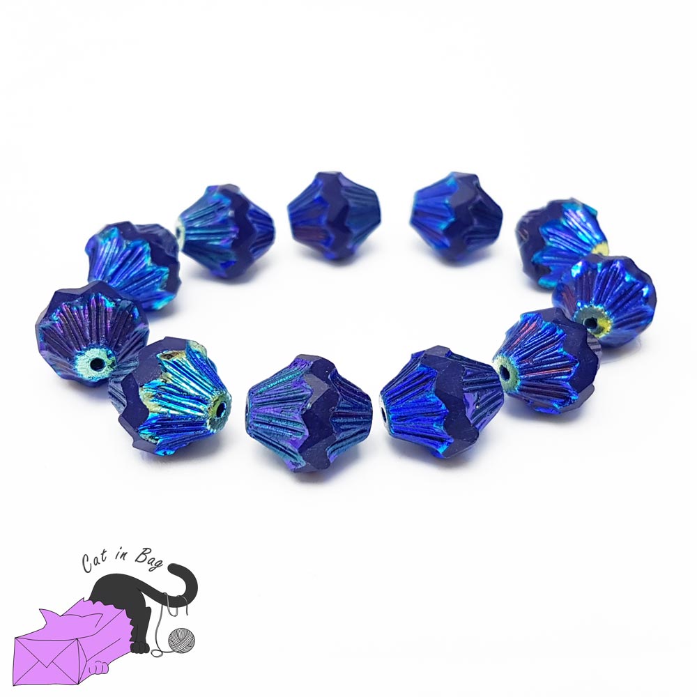 4 bicone dichroic blue Czech glass beads 13x11 mm