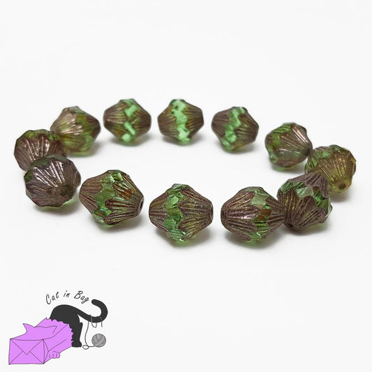 4 bicone gold green Czech glass beads 13x11 mm