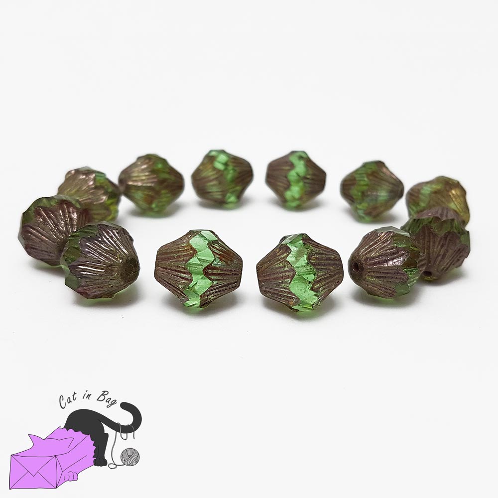 4 bicone gold green Czech glass beads 13x11 mm