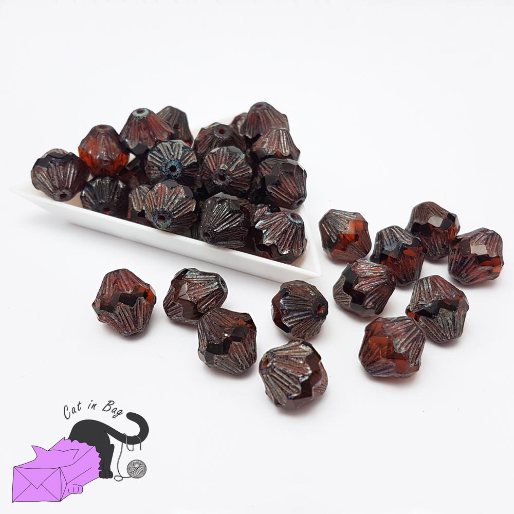 4 bicone dark orange Czech glass beads 13x11 mm