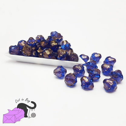 6 bicone blue Czech glass beads 11x10 mm