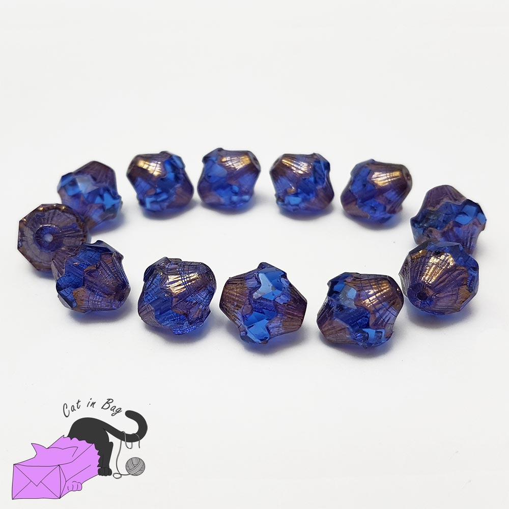 6 bicone blue Czech glass beads 11x10 mm