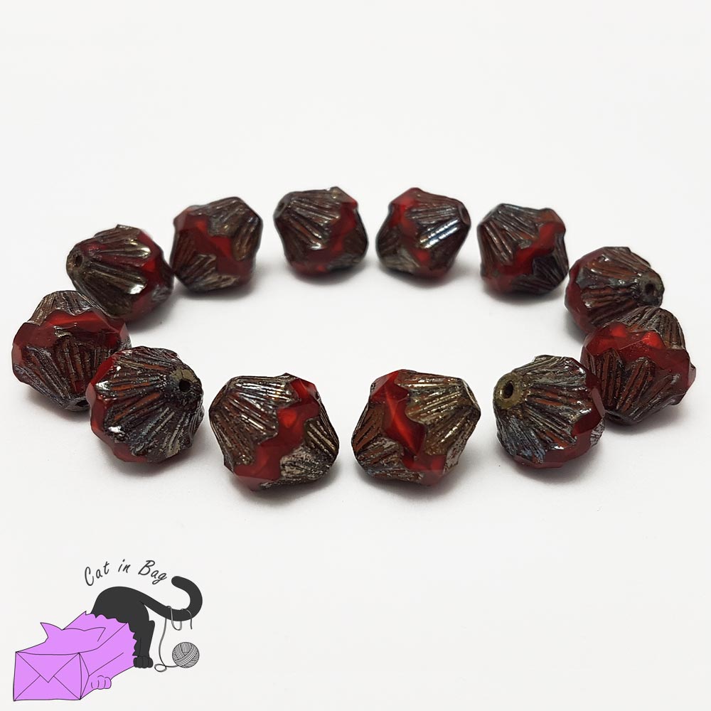 4 perle bicono in cristallo di Boemia rosso 13x11 mm