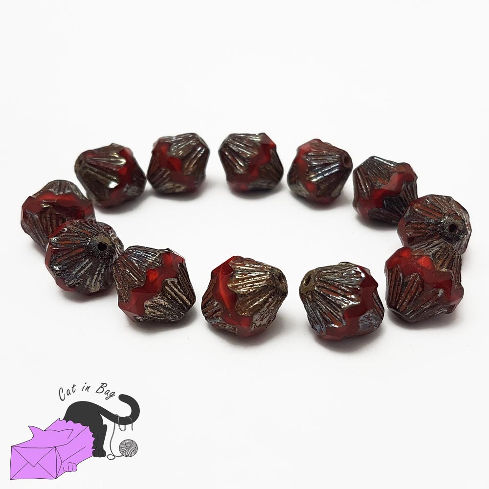 4 perle bicono in cristallo di Boemia rosso 13x11 mm