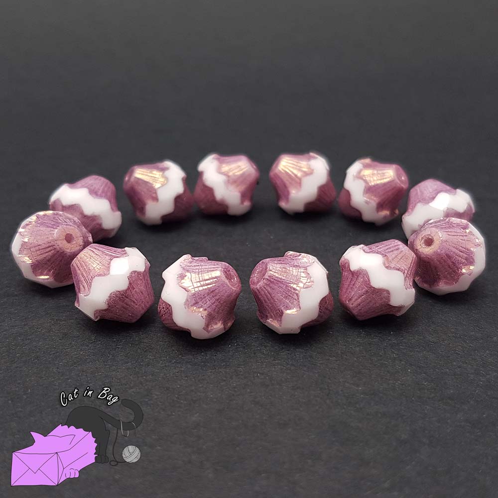 4 bicone pink, gold and white Czech glass beads 11x10 mm