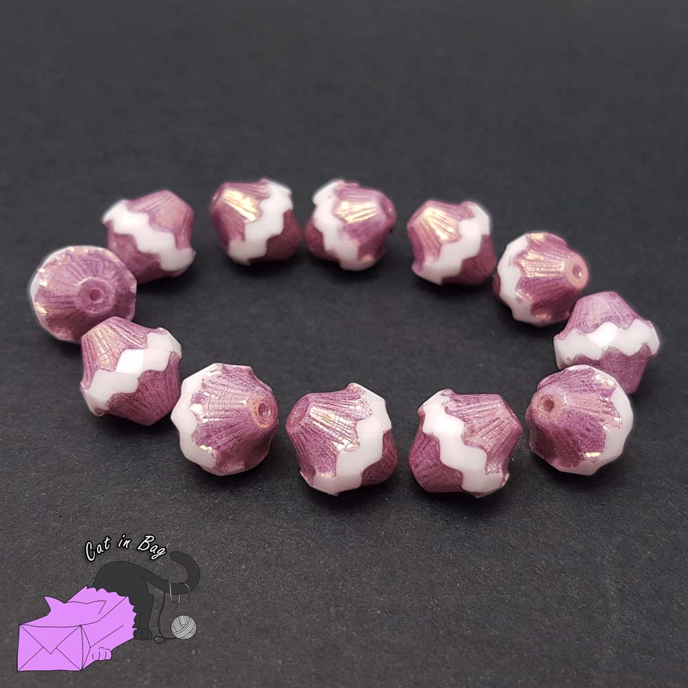 4 bicone pink, gold and white Czech glass beads 11x10 mm