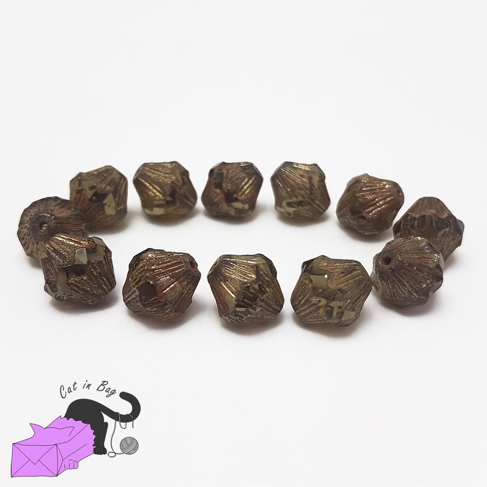 4 Czech glass beads bicone dark olive green red  13x11 mm