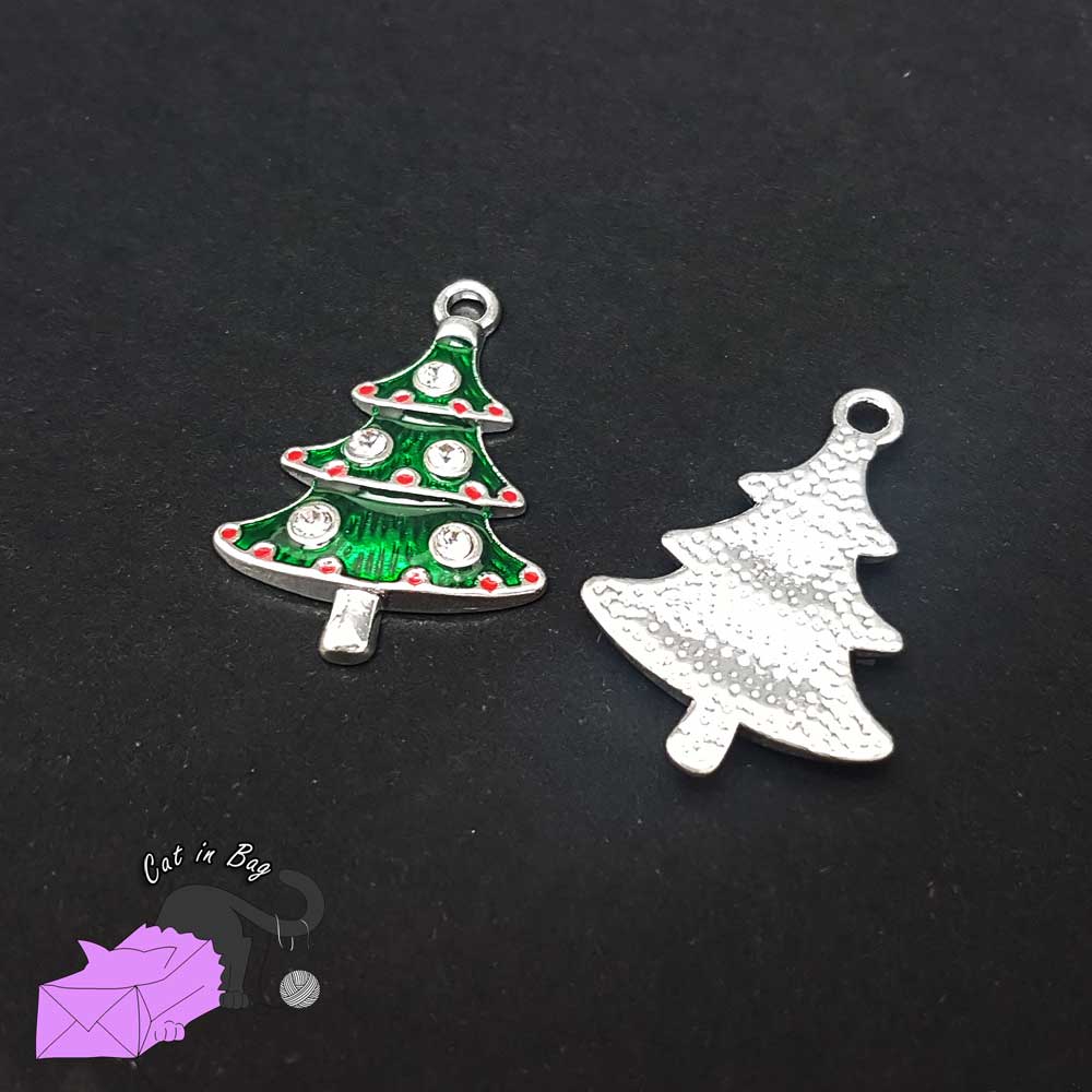 2 enamel charms with Christmas tree and rhinestone