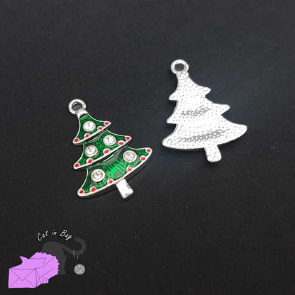 2 enamel charms with Christmas tree and rhinestone