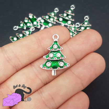 2 enamel charms with Christmas tree and rhinestone