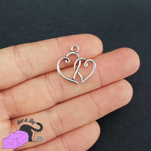 10 charms with two hearts, antique silver tone