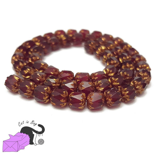 10 Czech glass beads, dark red and gold, 5x4 mm