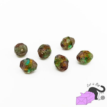 10 Czech glass beads, irregular bicone, green 8x6 mm