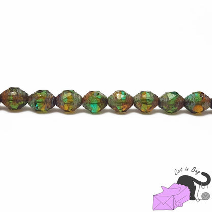 10 Czech glass beads, irregular bicone, green 8x6 mm