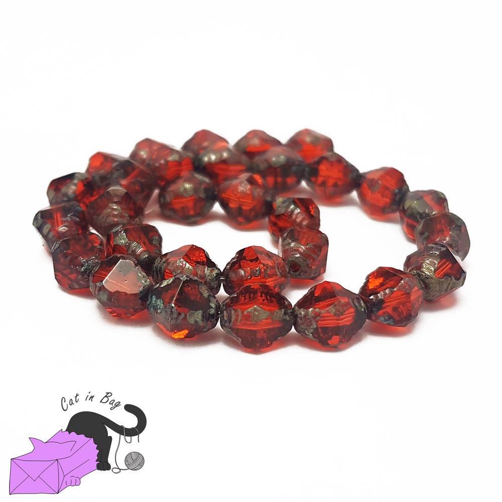 10 Czech glass beads, irregular bicone, red 8x6 mm