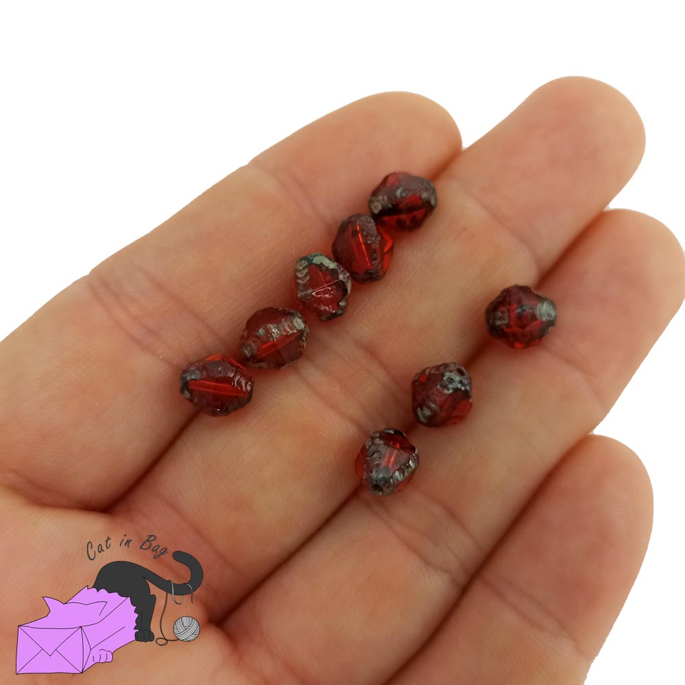 10 Czech glass beads, irregular bicone, red 8x6 mm