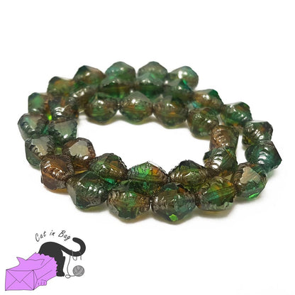 10 Czech glass beads, irregular bicone, green, 8x6 mm