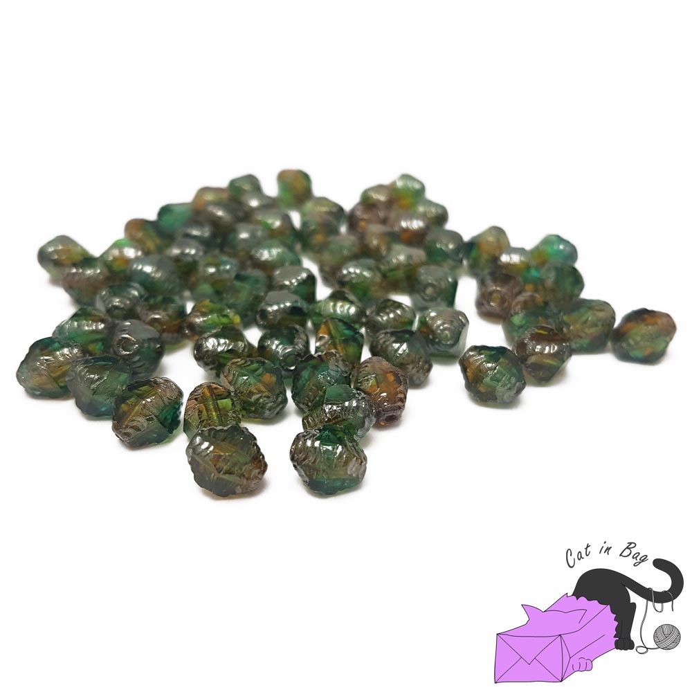 10 Czech glass beads, irregular bicone, green, 8x6 mm