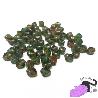 10 Czech glass beads, irregular bicone, green, 8x6 mm