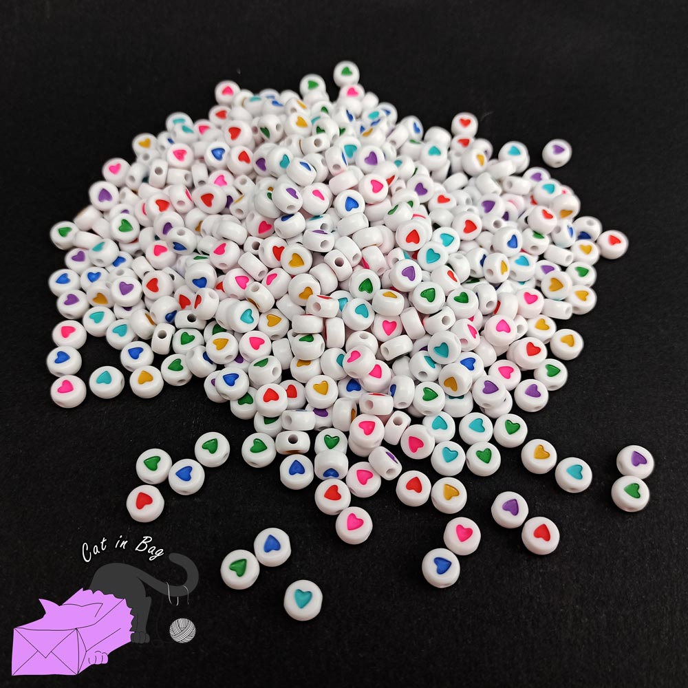 100 flat round beads with mixed colorful heart