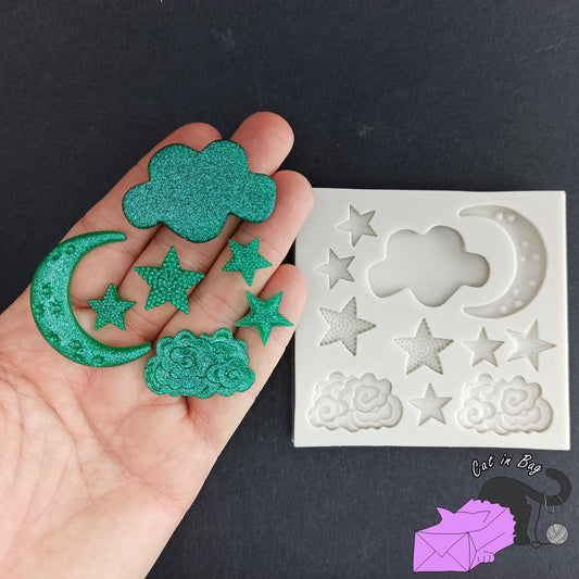 Silicon mold with moon, stars and clouds.