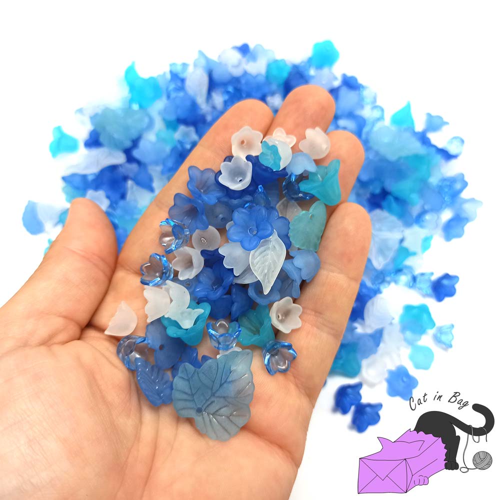 50 gr of mixed acrylic flowers and leaves in Winter and Ice shades