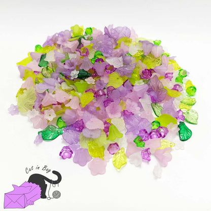 50 gr of mixed acrylic flowers and leaves in Lilac Spring shades