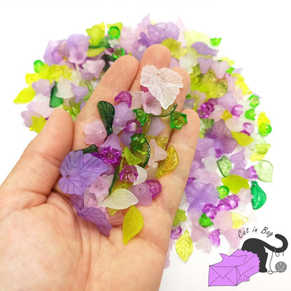 50 gr of mixed acrylic flowers and leaves in Lilac Spring shades