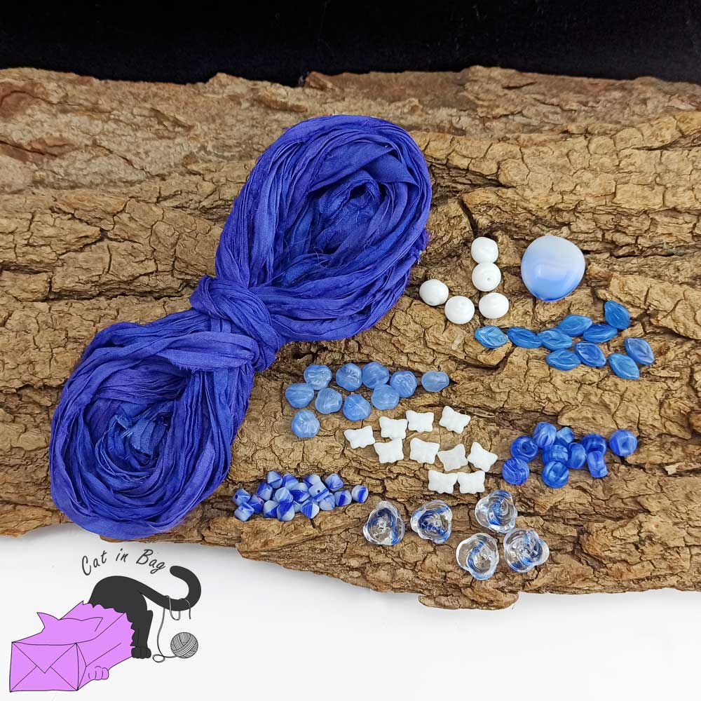 Blu mix of sari silk ribbons and glass beads