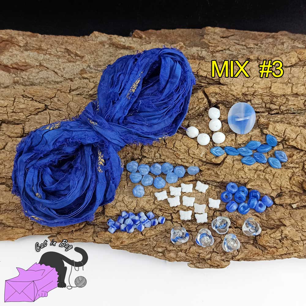 Blu mix of sari silk ribbons and glass beads