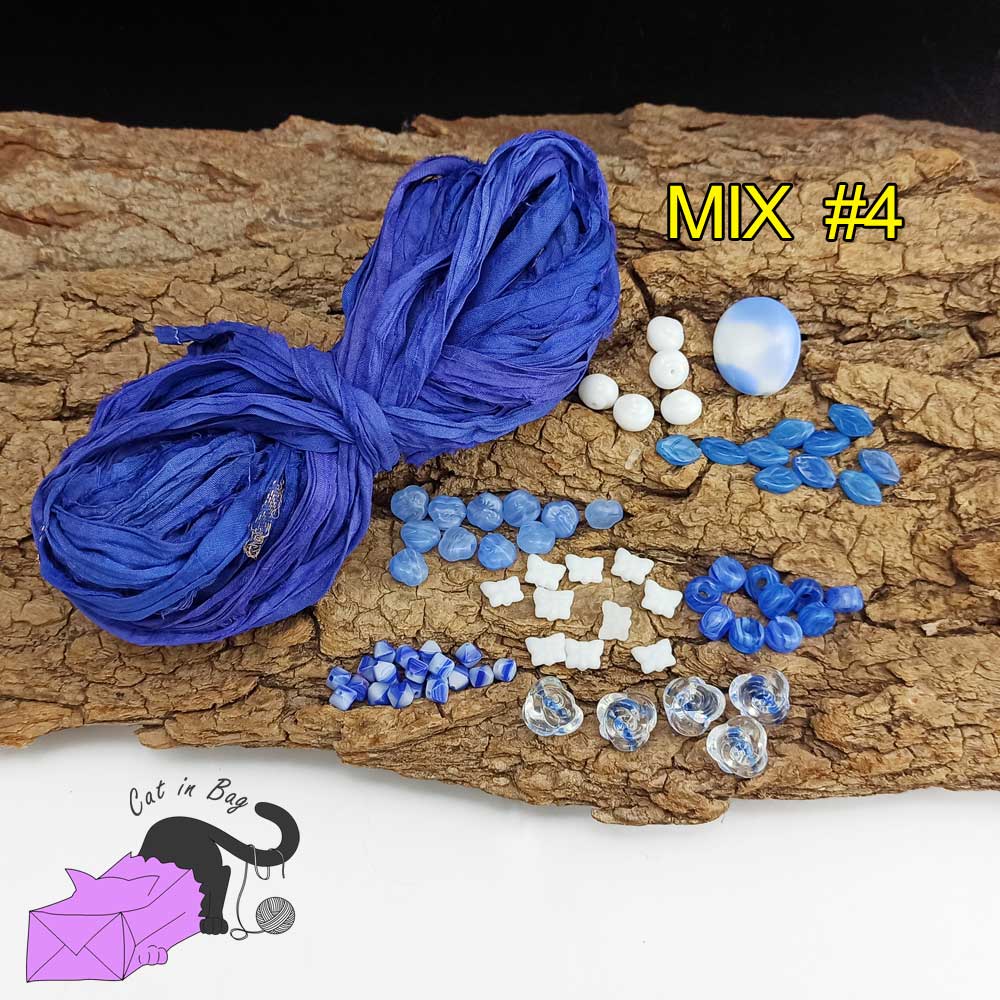 Blu mix of sari silk ribbons and glass beads